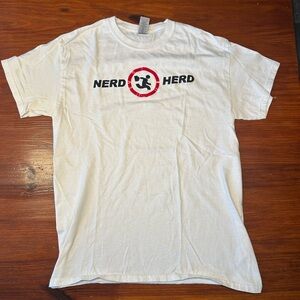 Gildan White 'Nerd Herd' Graphic Tee with Red and Black Logo